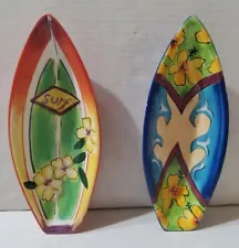 Clay Art Tropical Surf Board Shaped Snack Boat Dip Bowls 10" Set 2 Ceramic 