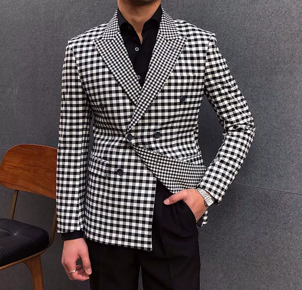 Men's Black White Plaid Check Blazer Double Breasted Formal Party Best Man Suits