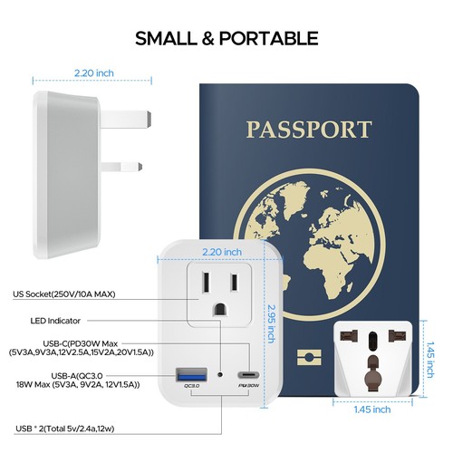 Type G US to UK Travel Plug Adapter with Type B Universal Converter,2 USB - Picture 7 of 7