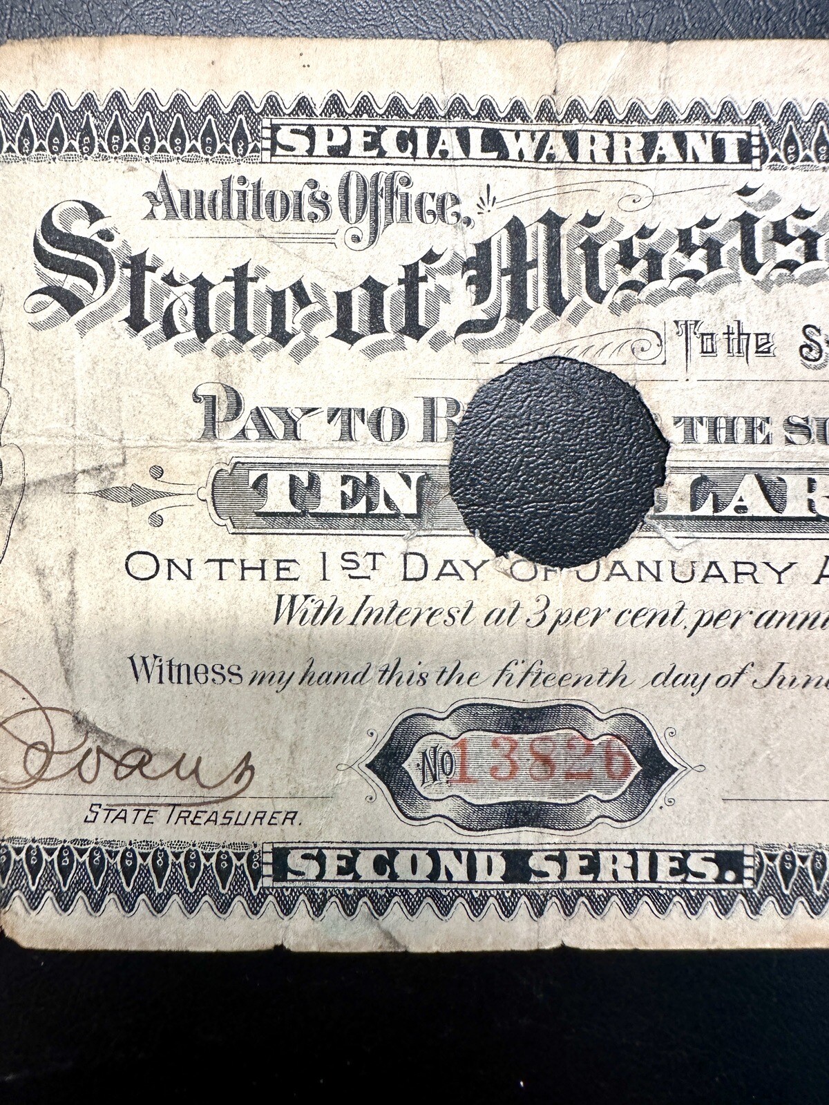 1895 State Of Mississippi SPECIAL WARRANT 10 Ten Dollars Money