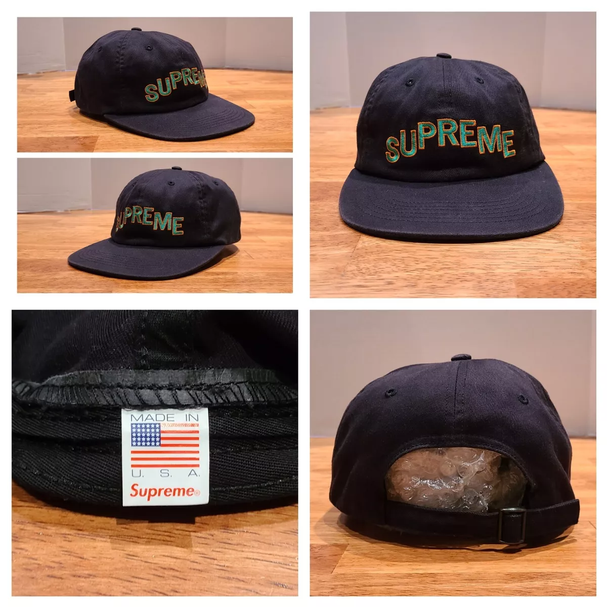 Supreme Stepped Arc Logo 6-Panel Hat Cap Made in USA Black Adjustable
