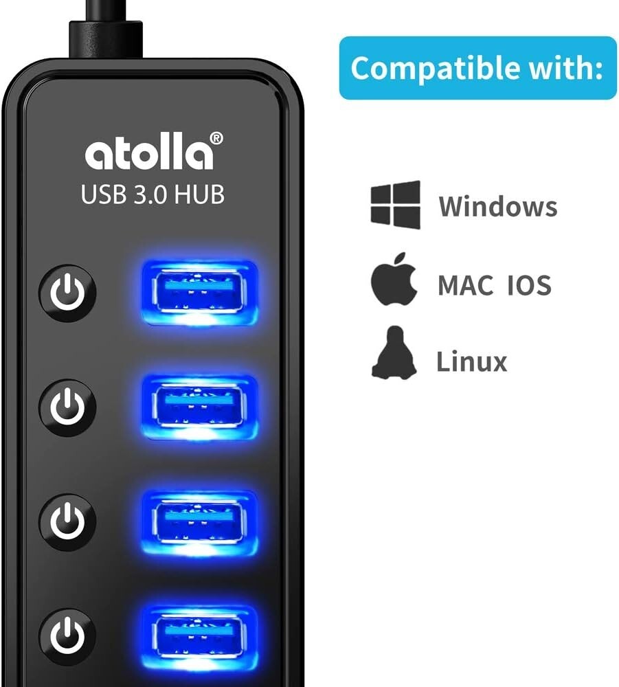 Atolla 7-Port USB 3.0 Hub with Smart Charging Port for Fast Data Transfer