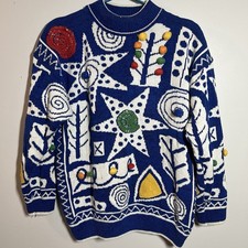 VTG Gil Aimbez Sweater Blue Bold Eccentric Geometric Design Abstract Textured MD