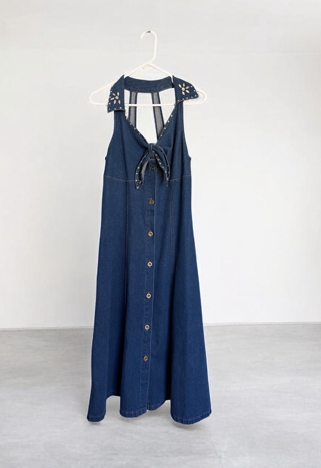 Vintage Rama of U.S.A. Western style Blue Denim Halter Maxi Dress Studded size M