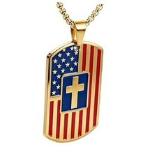 American Flag Dog Tag Necklace with Cross,Silver Stainless Steel, Gold