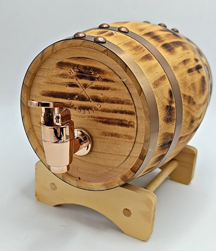 HERITAGE COLLECTION WOODEN BARREL CASKET. BAR DISPLAY SPIRIT DISPENSER ON STAND