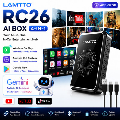 LAMTTO 4in1 Wireless CarPlay Adapter w/ Goo-gle Play & Gemini Al Wireless Dongle