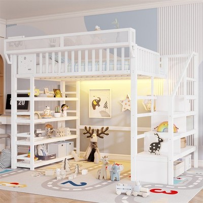 Full Loft Bed with 4 Shelf Storage Rack and Charging Station,Metal Full Loft Bed