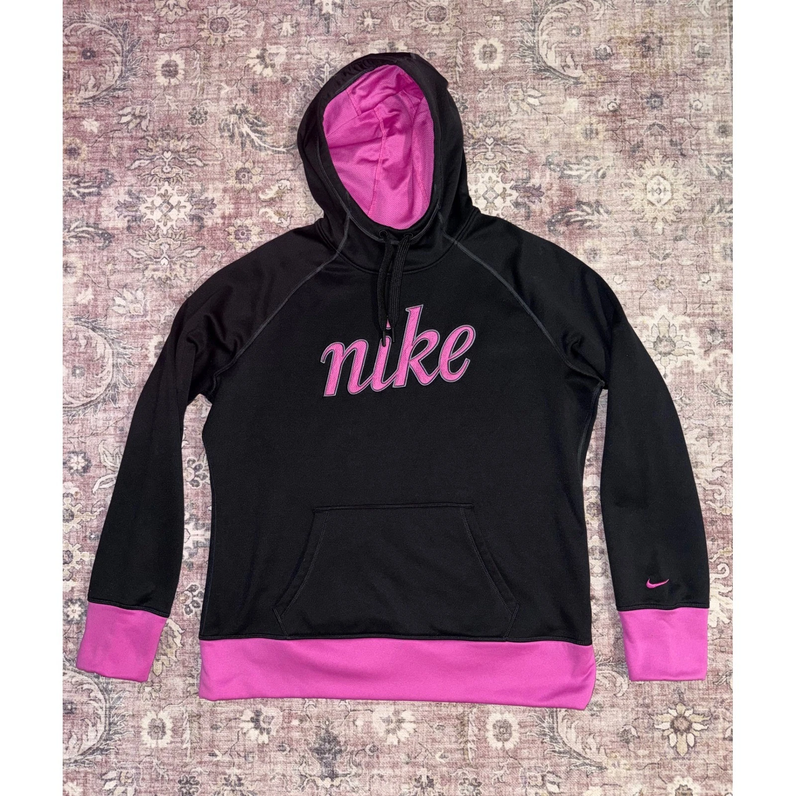 Nike Therma-FIT Womens XL Black Pink Script Logo Hoodie Sweatshirt 599144-010