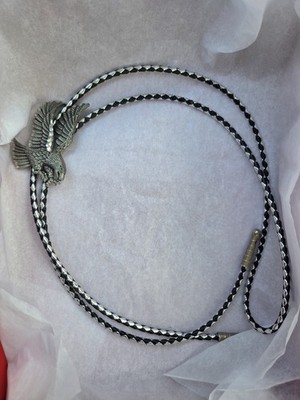 BOLO Tie American Eagle in Flight  Pewter Marked ege 89 Black Silvertone 