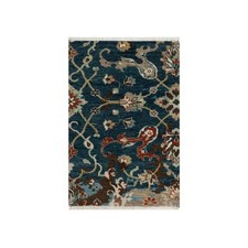 2'1"x3' Yale Blue Broken Pattern Oushak Design Wool Hand Knotted Mat Rug R91461