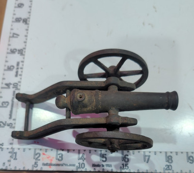Vintage Cast Iron Toy Cannon Rolling Wheels Original Red Paint 8  Artillery 