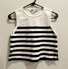 Zara Striped Knit Cotton Cropped Tank Top Sleeveless White Navy XS