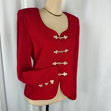 St. John Evening Red Santana Knit Jacket Gold Jeweled Hook Closures Sz 2 S