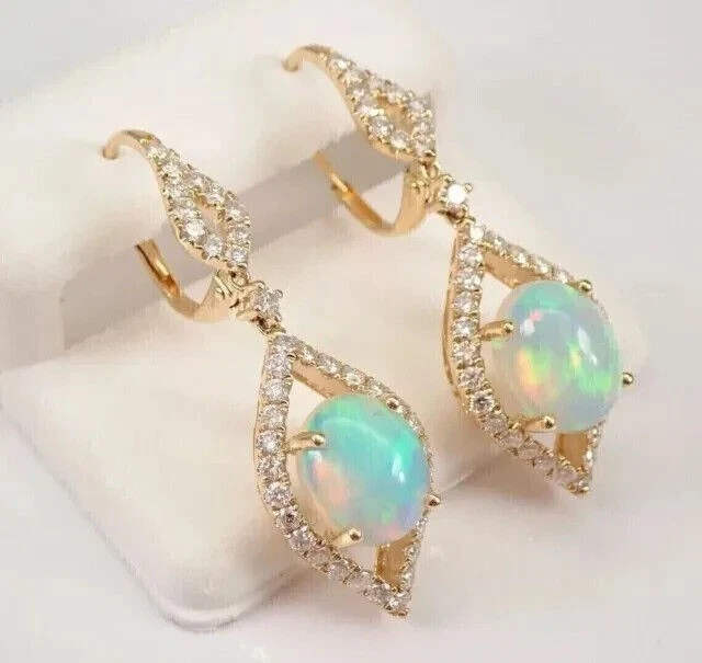 2.Ct Oval Cut Lab Created Fire Opal Drop Dangle Earring's 14K Yellow Gold Plated - Image 3 of 4