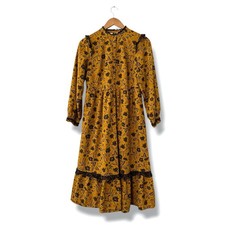 Universal Thread Floral Prairie Midi Dress XS Mustard Yellow Ruffle Dobby