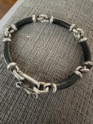 1970 s? HEAVY STERLING SILVER 925 & LEATHER LINK BRACELET 8.25  22.9g Safety