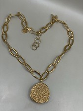 Signed “Bronze” GoldTone Golden Druzy Quartz Round Pendant 19-21” Chain Necklace