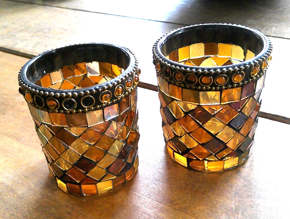 TWO Partylite GLOBAL FUSION Votive Candle Cups Mosaic Glass