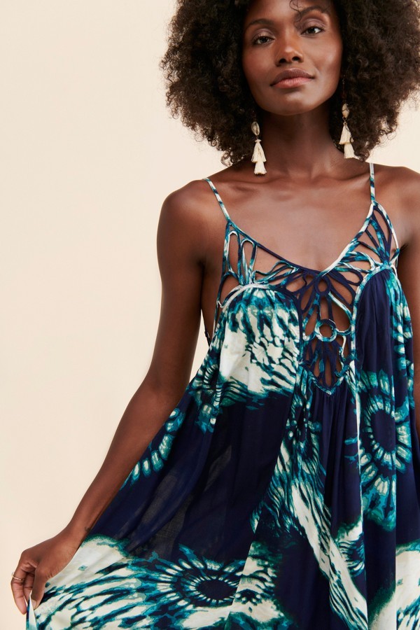 Anthropologie Drama Beach Dress Tie Dye Blue Flowy Strappy Sleeveless Women's S