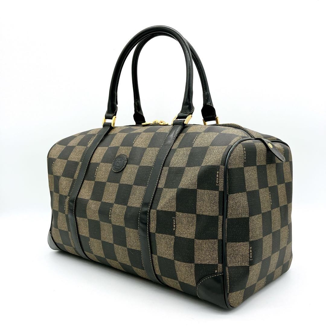 Fendi Boston Bag Pecan PVC Black Brown Gold Hardware Pre-Owned