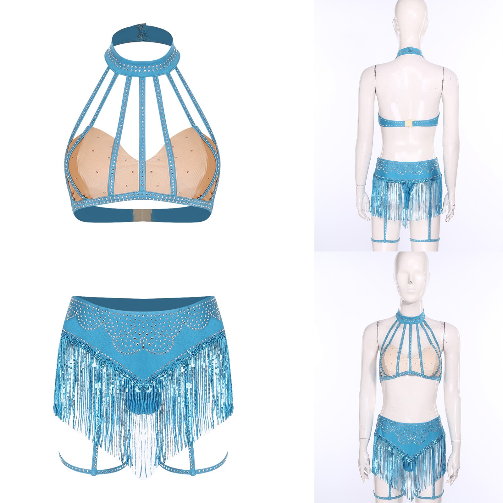 Women's Belly Dance Glittery Crop Top and Sequin Tassel Briefs For Stage Party
