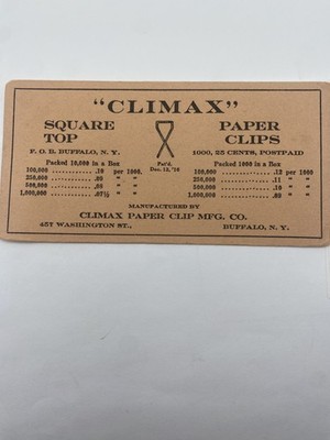Vintage 1916 CLIMAX Paper Clips Advertising Trade Card Buffalo NY Pat'd