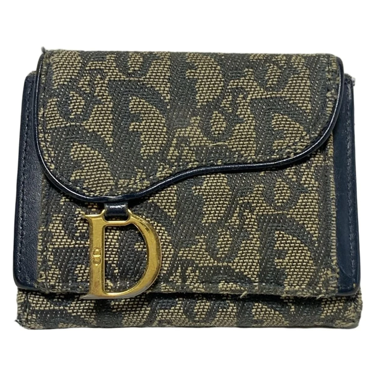 Authentique portefeuille compact selle DIOR/ChristianDior   cuir jacquard bleu marine beige