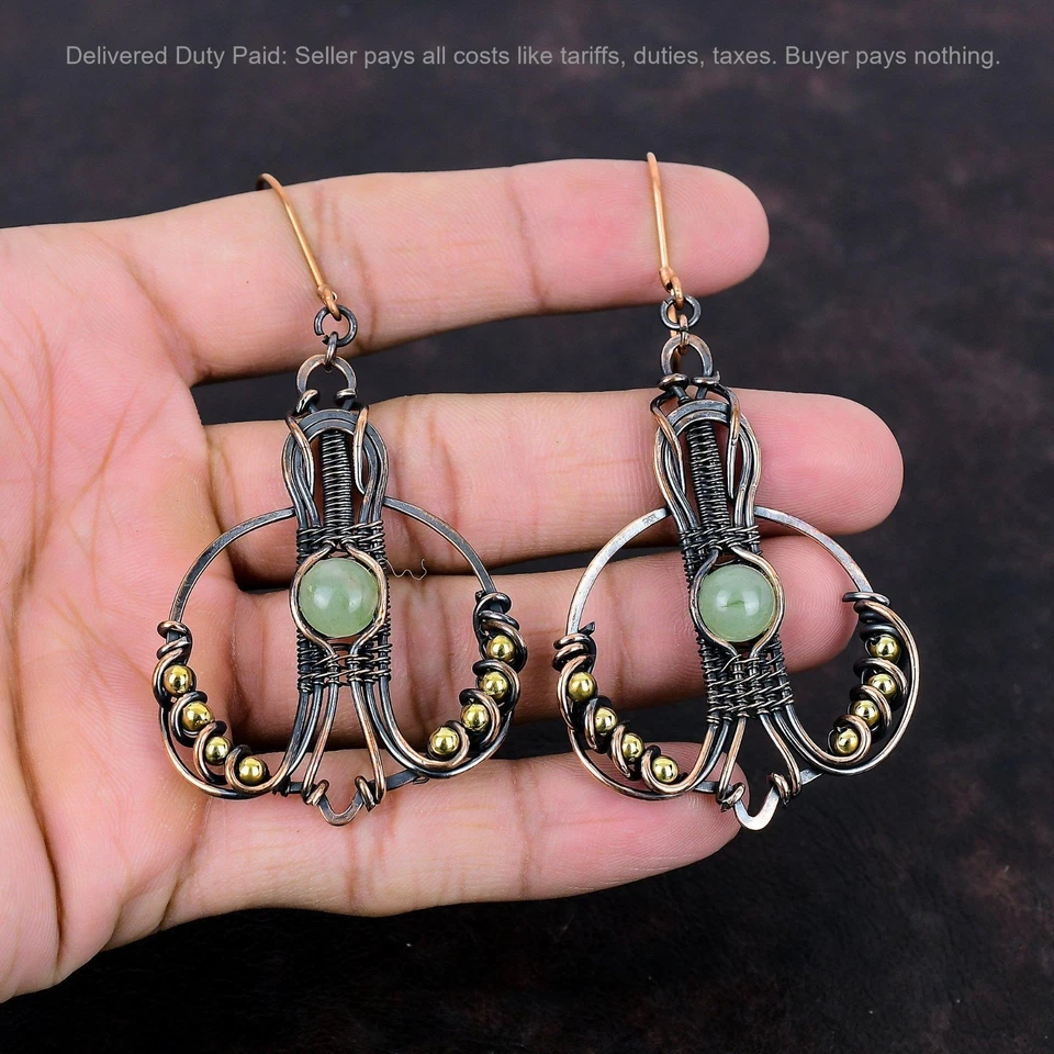 Copper Prehnite Gemstone Dangle Drop Wire Wrapped Sister Trendy Earrings Jewelry - Image 2 of 4