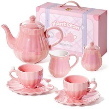 Porcelain Tea Set, Pearl Real Tea Party Set for Little Girls, British Pink
