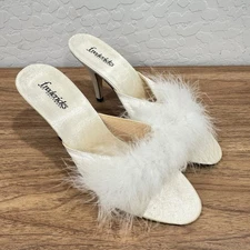 Fredericks of Hollywood Feather Heels Womens 7 Satin Mules Bridal White 