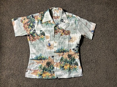 Vtg Waikiki 76 Mens L Large Hawaiian Shirt Palm Trees Lighthouse Fish Nets Boats