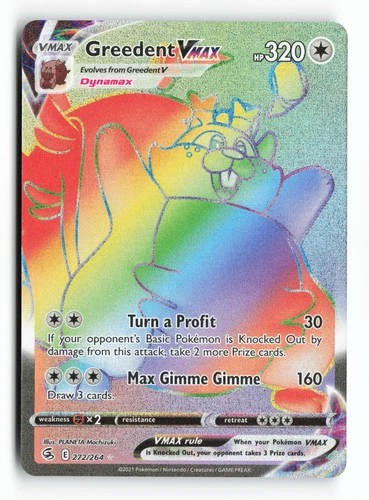 Greedent VMAX Rainbow 272/264 Fusion Strike Holo Secret Rare Pokemon TCG Card NM