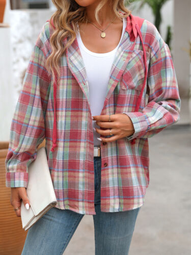 Womens Check Casual Hooded Loose Shacket Tops Button Up Shirts Baggy Coat Blouse - Picture 19 of 38