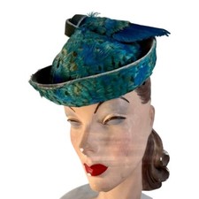 VTG 50s Jack McConnell Turquoise Green Pheasant Feather Hat Gray Velvet Base