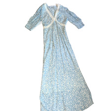 Rico dress size 2 4 S pale blue white print rayon crepe great Alice costume