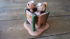 Vintage Clay Outsider Art PARNU Old Couple in Camp Shower 5.25 x 4.5 x 4.5 inch