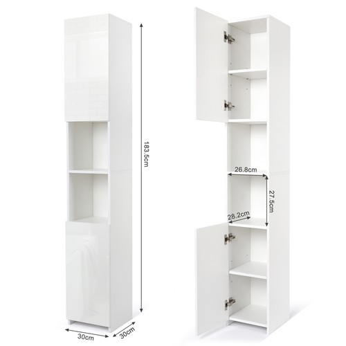 White Tall Bathroom Slim Storage w/ 2 High Gloss Doors