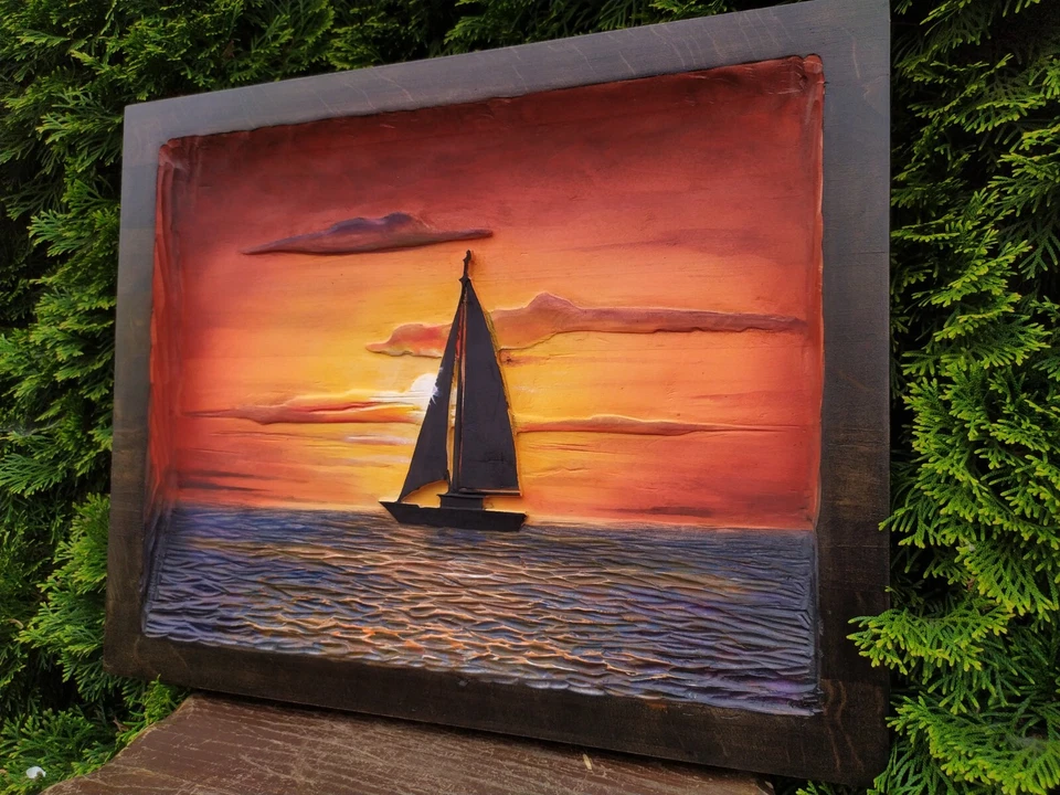 Cuadro de madera 3D "Puesta de sol en el mar" tallado en madera arte de pared tallado a mano naturaleza Foto 4 de 4