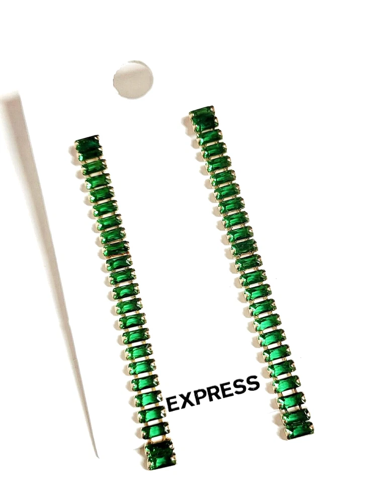 Pendientes colgantes lineales Express Baguette de piedras preciosas verde esmeralda tono dorado varios nuevos con etiquetas Foto 3 de 4