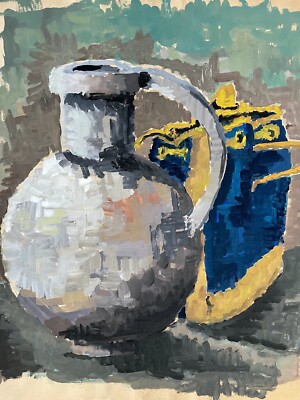 Expressionist Still Life with Vessels Modern Danish Art Midcentury Vintage 50x62