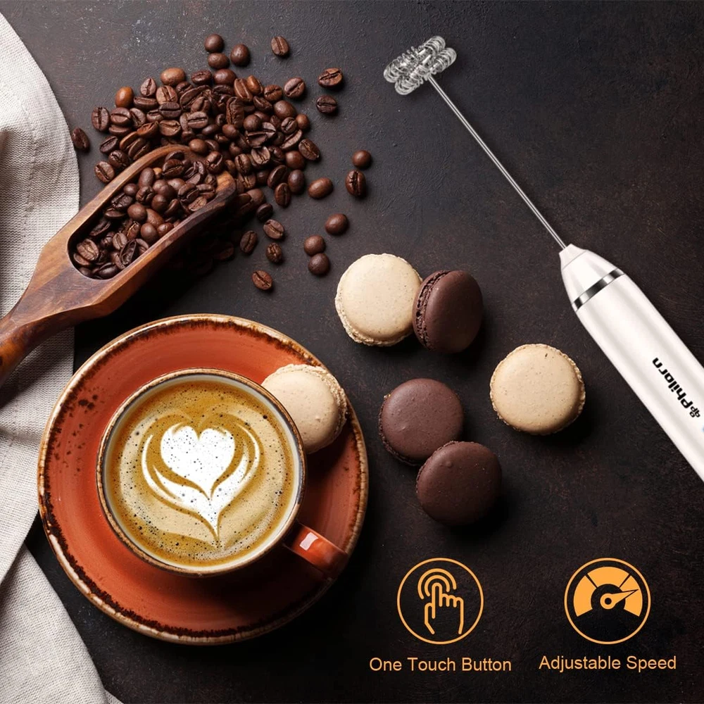 Milk Frother Handheld Rechargeable Coffee Frother - Frother Wand with 2 Heads, E