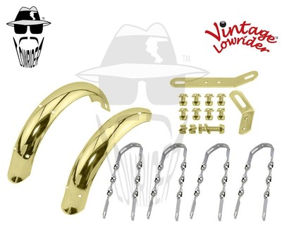 Vintage Lowrider 12'' Flared Adjustable Ducktail Gold Fender Set W/Twisted Braces