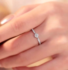 Solitaire w Accents Ring + Box Round Sparkly Moissanite 925 Silver Zircon Band