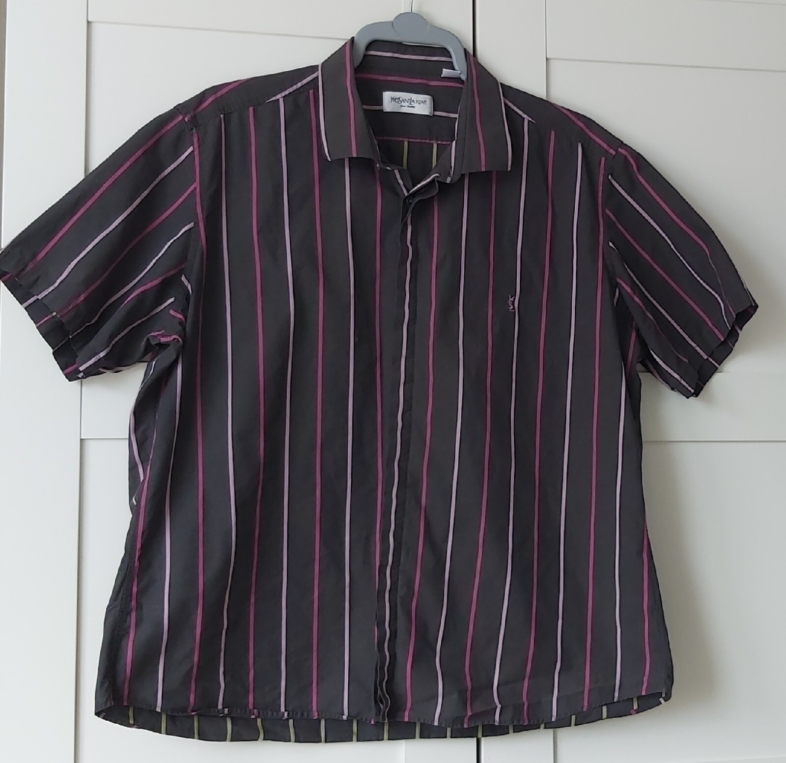 SAINT LAURENT Camicia casual uomo vintage YSL nera e rosa a righe manica corta con bottoni XL