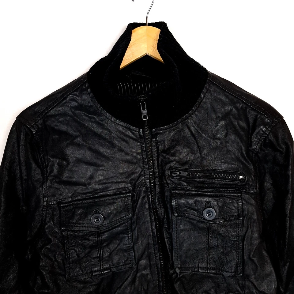 Chaqueta de cuero para hombre JACK & JONES talla S negra cremallera completa dobladillo acanalado Foto 3 de 4