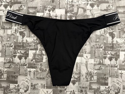 NWT Victoria's Secret PINK Elastic Logo Polyamide  High Leg Thong Panty Black  M