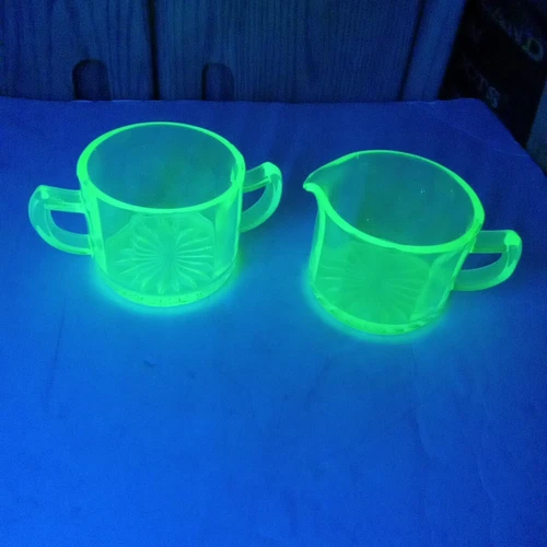 Uranium Glass Sugar And Creamer Set Depression Green Glows Vintage Height 3”