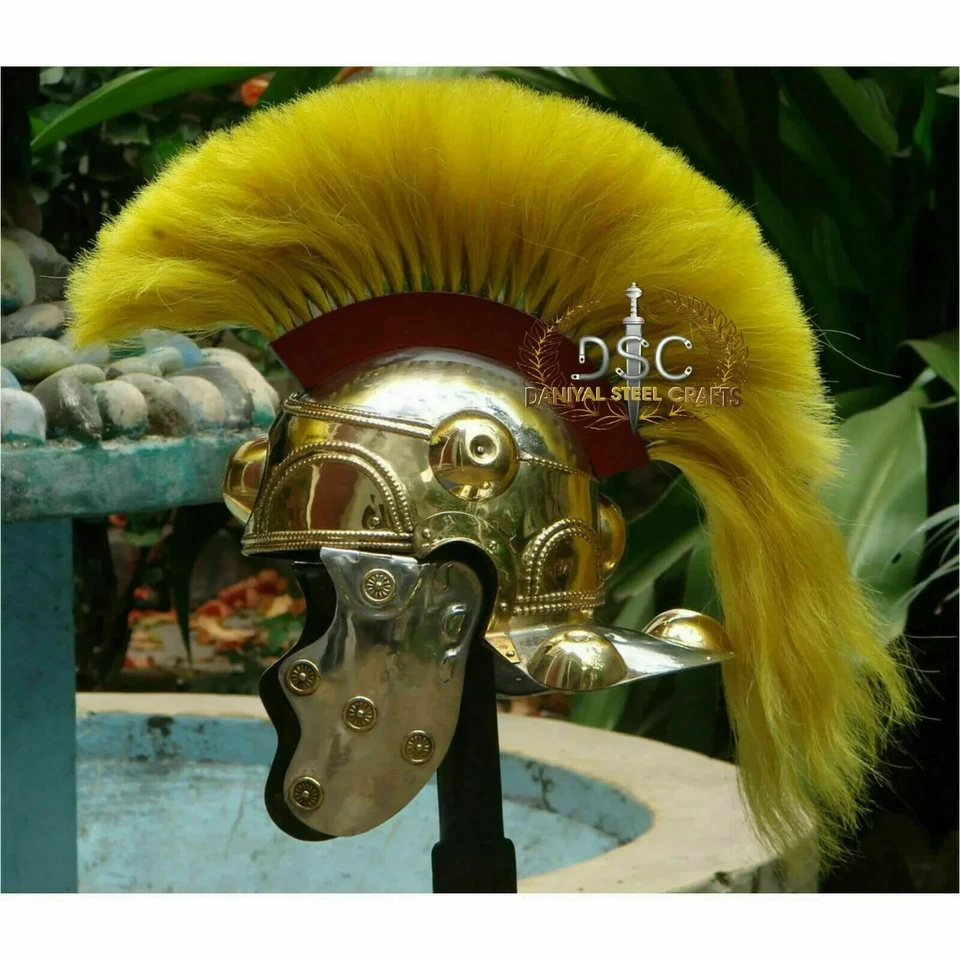 Medieval Witcham Gravel Roman Design Knight Brass Helmet with yellow Color plum - Image 3 of 4