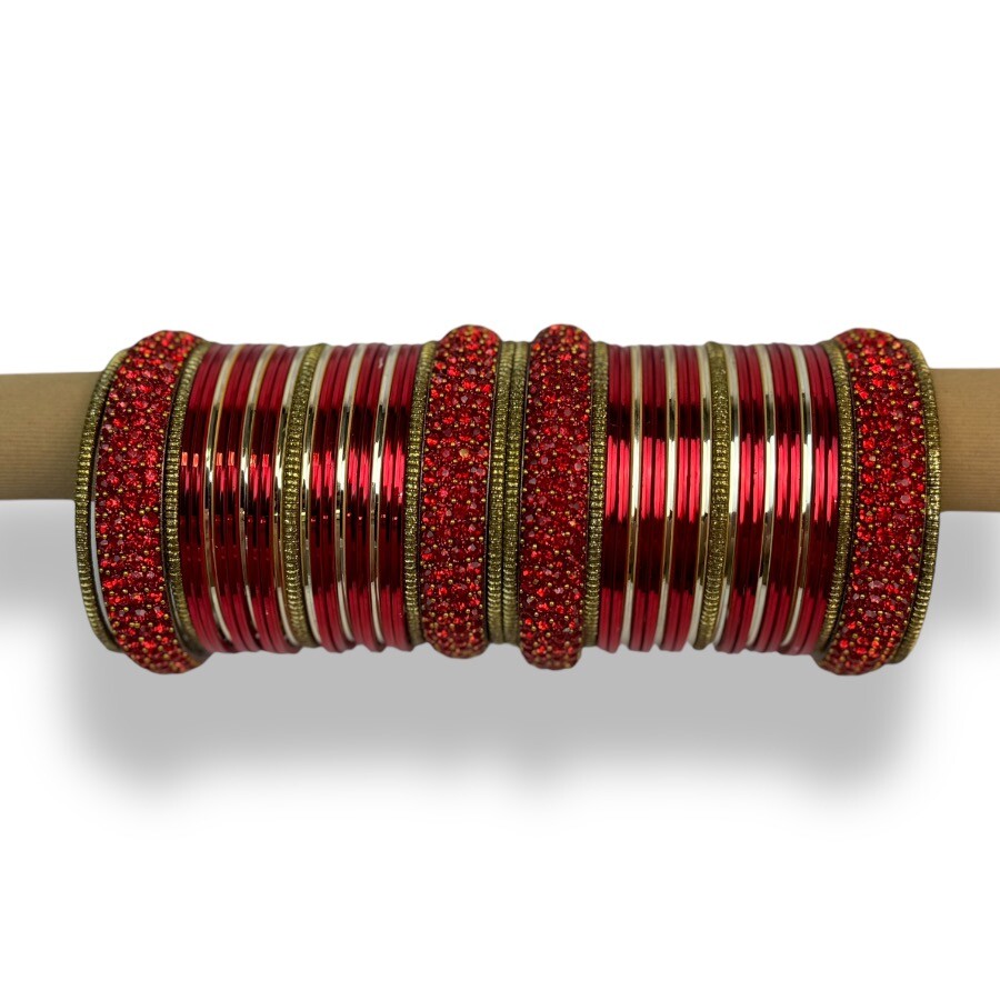 hands mixed Shiny Crystal red with churi kara bangle set, indian  pakistani